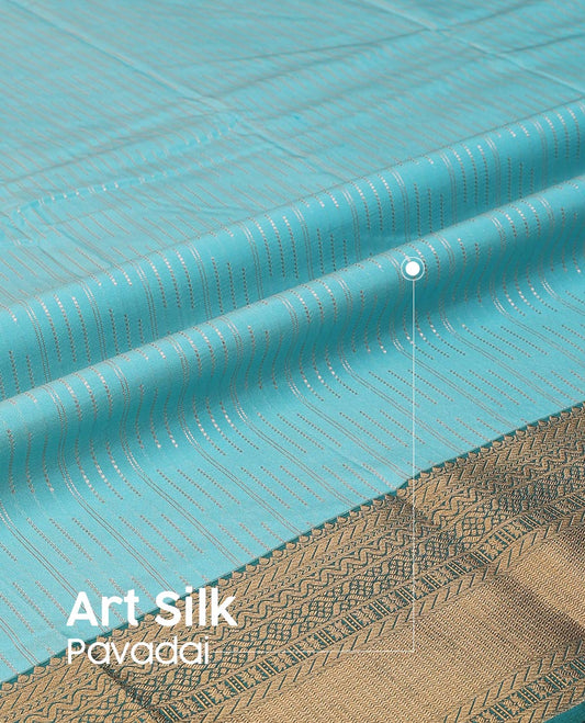 Blue Art Silk Pavadai Material Set, Decked Up with Zari Buttas Skirt, Complemented by a Contrast Traditional Zari Design Border, and Paired with a Contrast Blouse