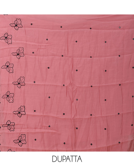 Onion Pink Mul Chanderi Material Churidar Features Floral Thread Embroidered Top, a Matching Bottom, and an Scallop Embroidered Dupatta