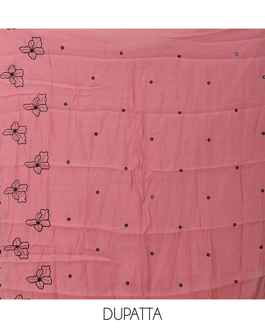Onion Pink Mul Chanderi Material Churidar Features Floral Thread Embroidered Top, a Matching Bottom, and an Scallop Embroidered Dupatta