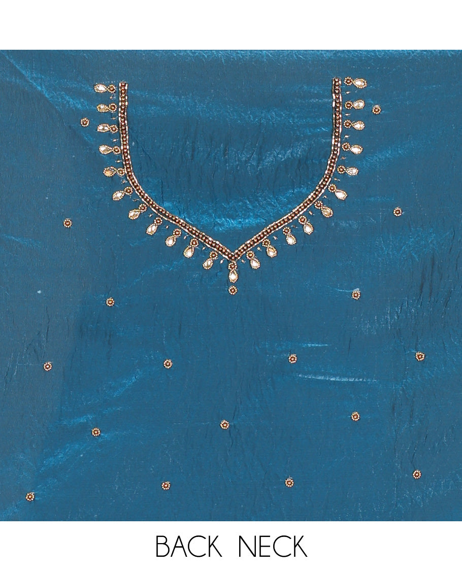 Peacock Blue Fendi Organza  Half-Saree, Plain Skirt, Matching Embroidered Blouse, Matching Scallop Dhavani