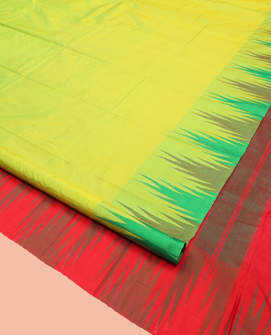Parrot Green Plain Bangalore Silk Saree, Complemented by a Contrast Temple Border, Striped Pallu, and Contrast Blouse