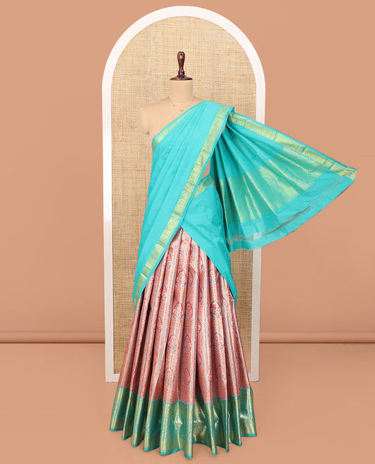 Orange Art Silk Material Half Saree Set, Bedecked with Jacquard Design Skirt, a Contrast Traditional Zari Border of Floral Creeper Designs, Contrast Zari-Jacquard Blouse, and a Dhavani of Paisley Designs