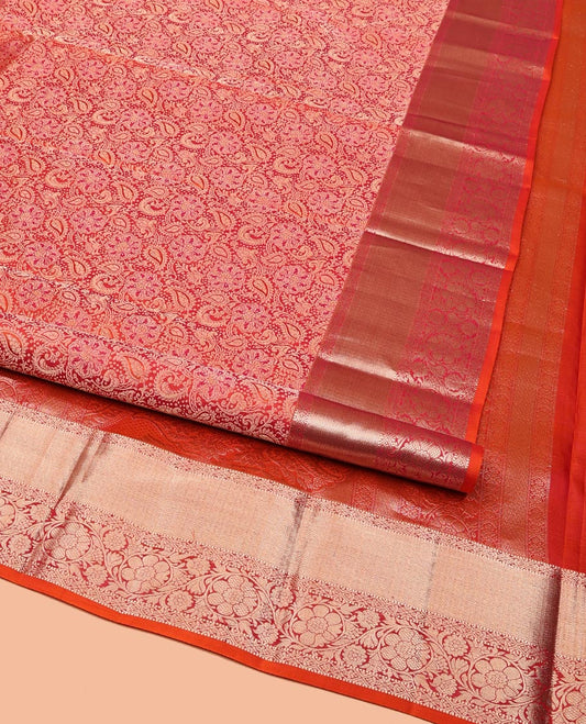 Orange Kanchipuram Wedding Silk Saree, Detailed with Jacquard Designs on Its Body, Highlighted by a Zari Border of Muthu, Diamond, and Kodi Visiry Designs, Mughal-Style Intricately Designed Pallu, and Paired with a Matching Blouse
