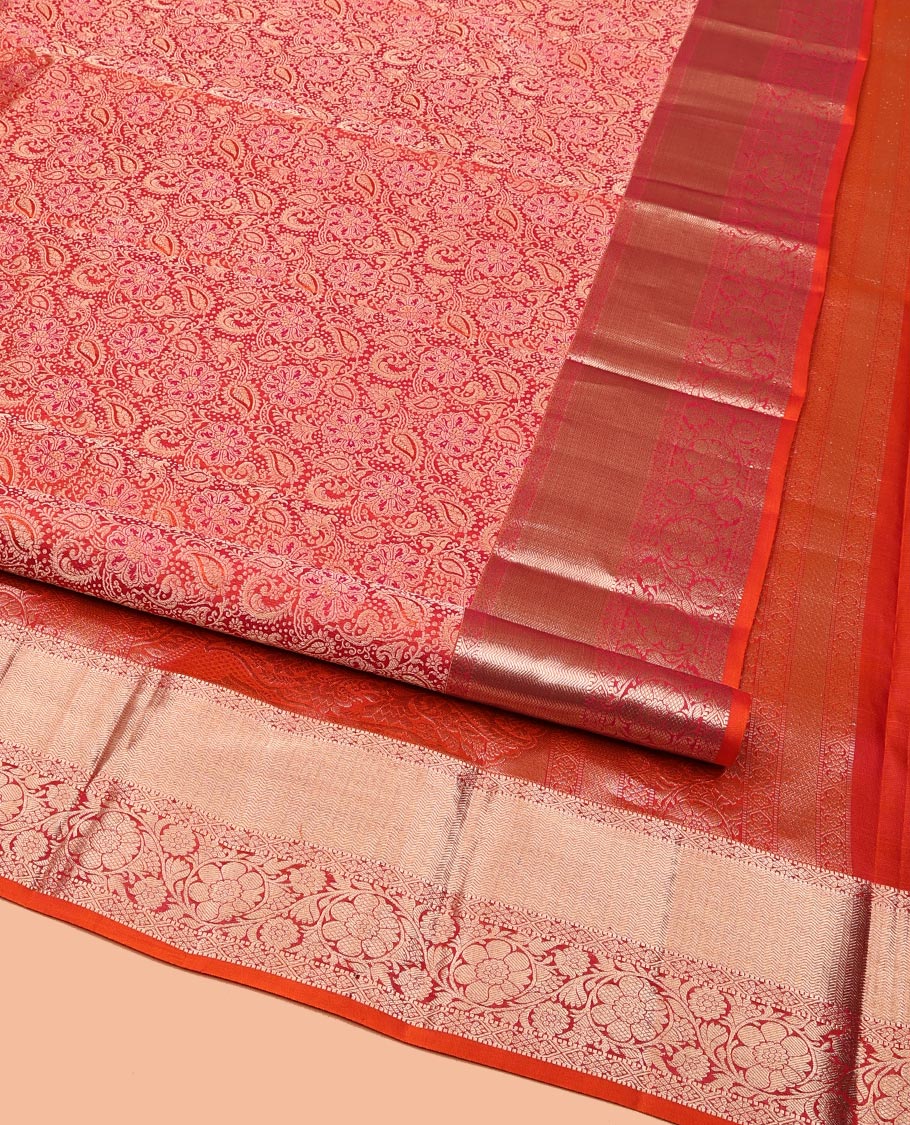Orange Kanchipuram Wedding Silk Saree, Detailed with Jacquard Designs on Its Body, Highlighted by a Zari Border of Muthu, Diamond, and Kodi Visiry Designs, Mughal-Style Intricately Designed Pallu, and Paired with a Matching Blouse