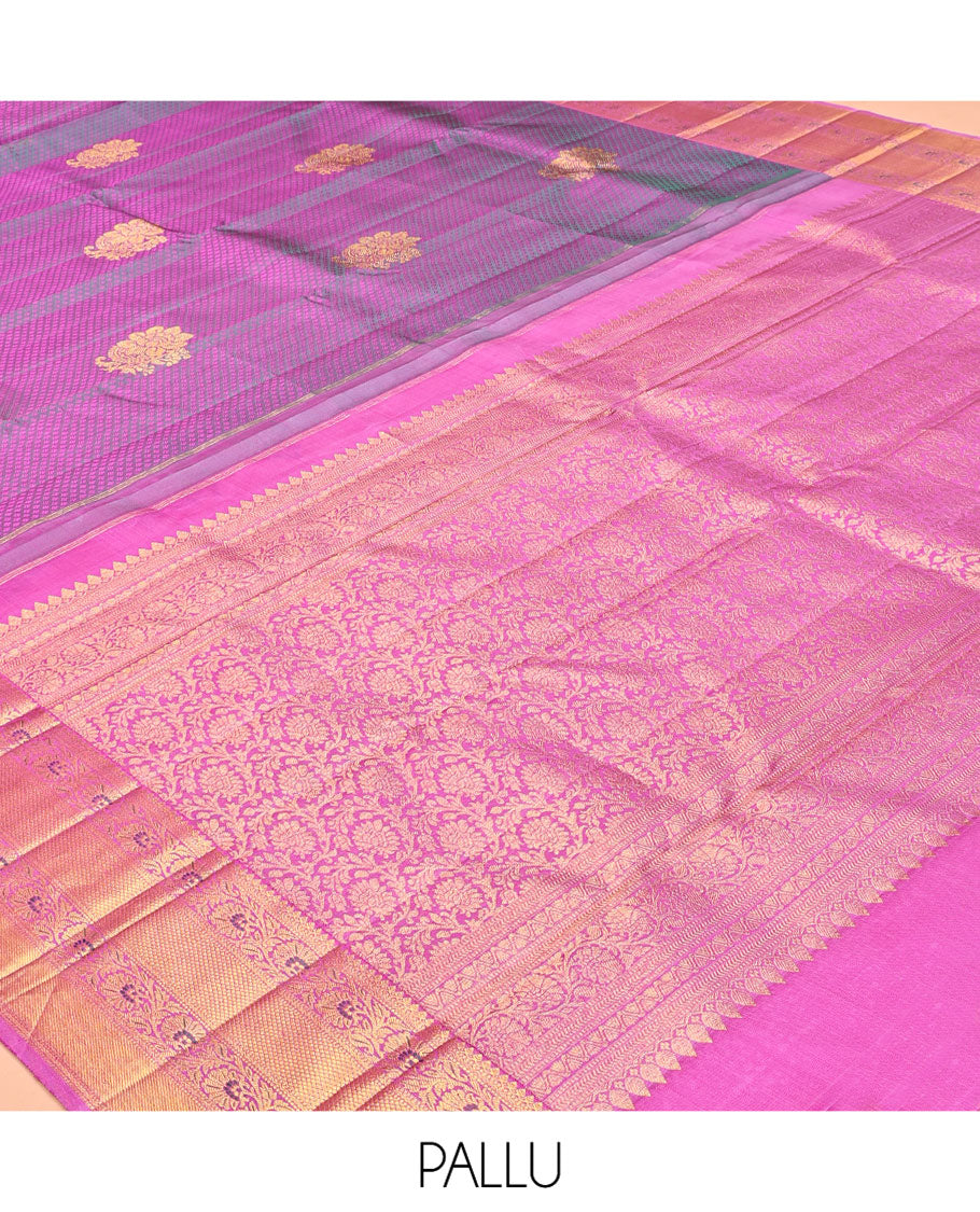 Purple Embossed-Buttas Kanchipuram Silk Saree, a Contrast Kodi Visiry Border, Floral Jaal Pallu, Contrast Blouse
