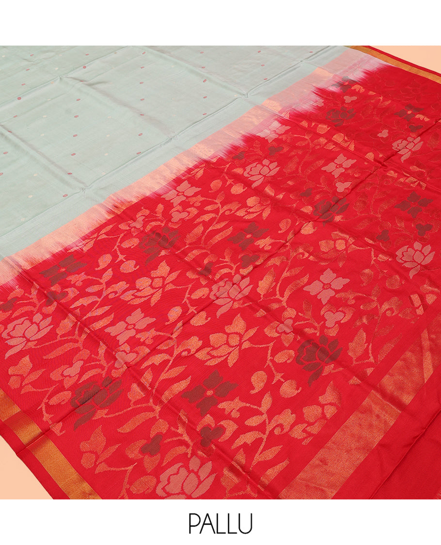 Blue Uppada Silk Saree, Embellished with Thread Buttas, Complemented By Contrast Bavanji Border, Grand Floral Vine Pallu, and a Contrast Blouse