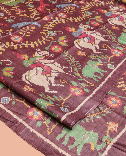 Brown Tussar Silk Saree, Artfully Detailed with Flora, Fauna, and Human Figurines Print on Its Body, a Subtle Border, Pallu Mirrors the Same Print, and Paired with a Matching Blouse