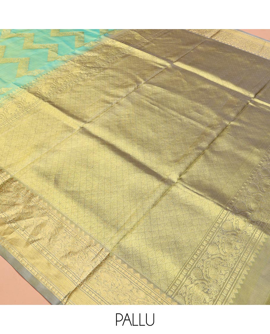 Turquoise Chevron Striped Venkatagiri Silk Saree, Contrast Traditional Border, Jaal Pallu, Contrast Blouse
