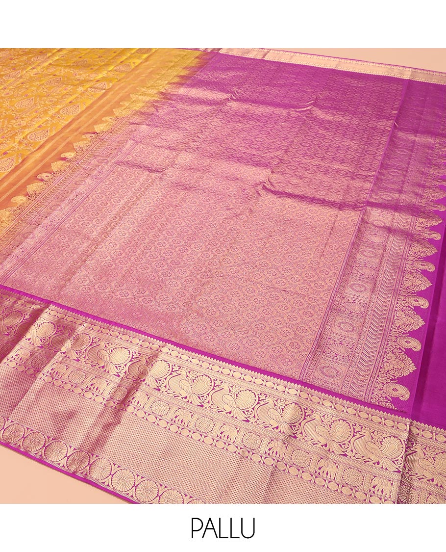 Yellow Kanchipuram Wedding Silk Saree, Embellished with Jacquard Design, a Contrast Border of Thilakam, Rudraksham, Mayil, Yaanai, Chakram, and Mayil Kann, Grand Pallu, and a Contrast Blouse