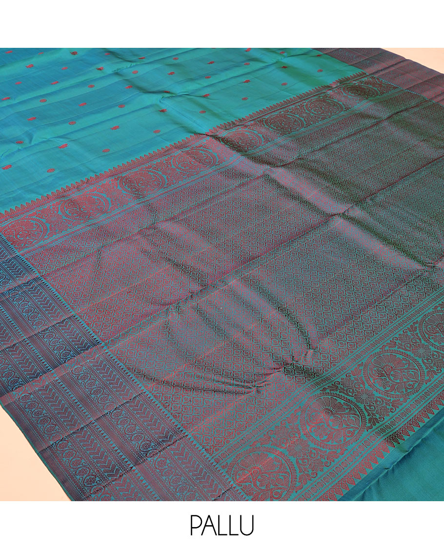 Blue Mayil-Chakra Buttas Kanchipuram Silk Saree, a Traditional Thread Border, Jaal Pallu, Matching Blouse