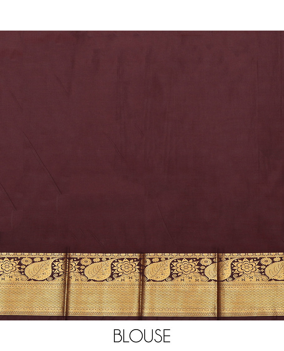 Orange Budget Silk Saree, Detailed with Zari Kolam Buttas, a Contrast Traditional Zari Border, Kolam Design Pallu, and a Contrast Blouse