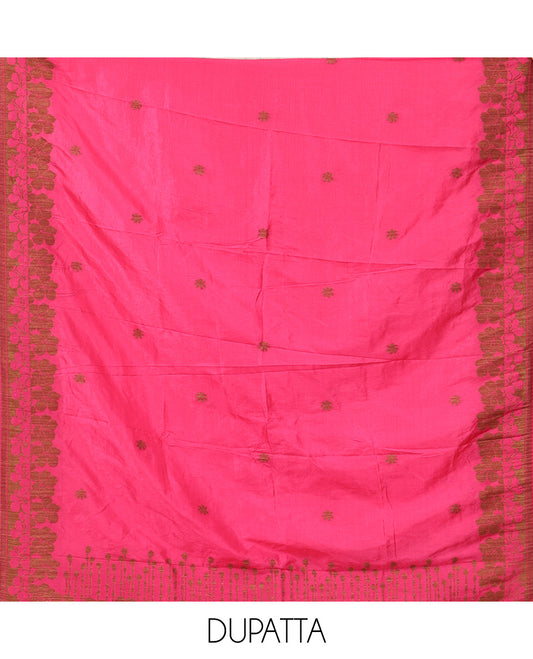 Rani Pink Semi Silk Material Chudidar Set, Adorned with Copper Zari Intricate Design Woven Top, a Santoon Bottom, Matching Dupatta