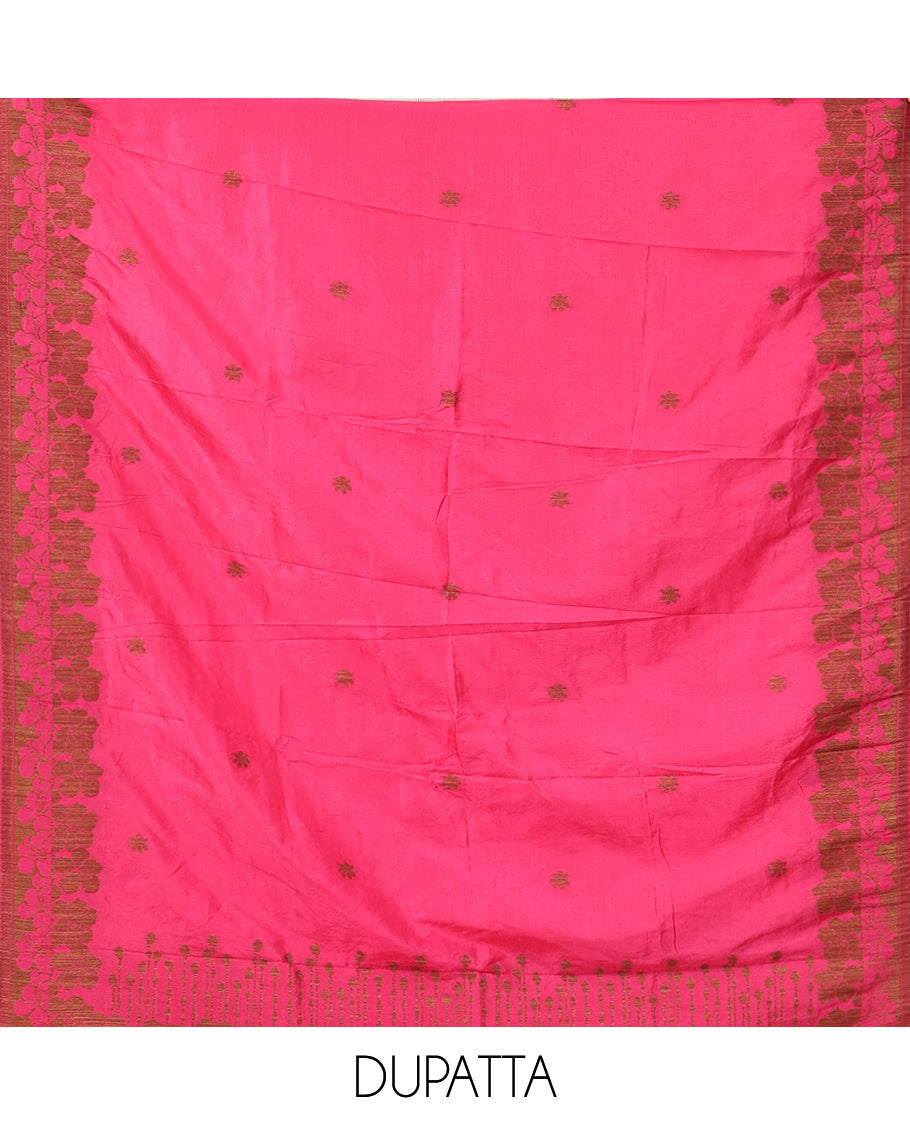 Rani Pink Semi Silk Material Chudidar Set, Adorned with Copper Zari Intricate Design Woven Top, a Santoon Bottom, Matching Dupatta
