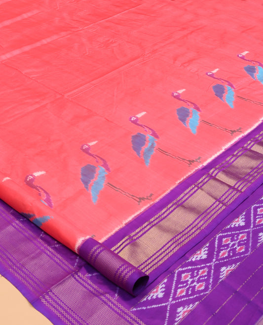 Pink Pochampally Ikat Saree, Crafted with Cranes Motifs, Contrast Traditional Zari Border, Jaal Pallu, and a Contrast Blouse