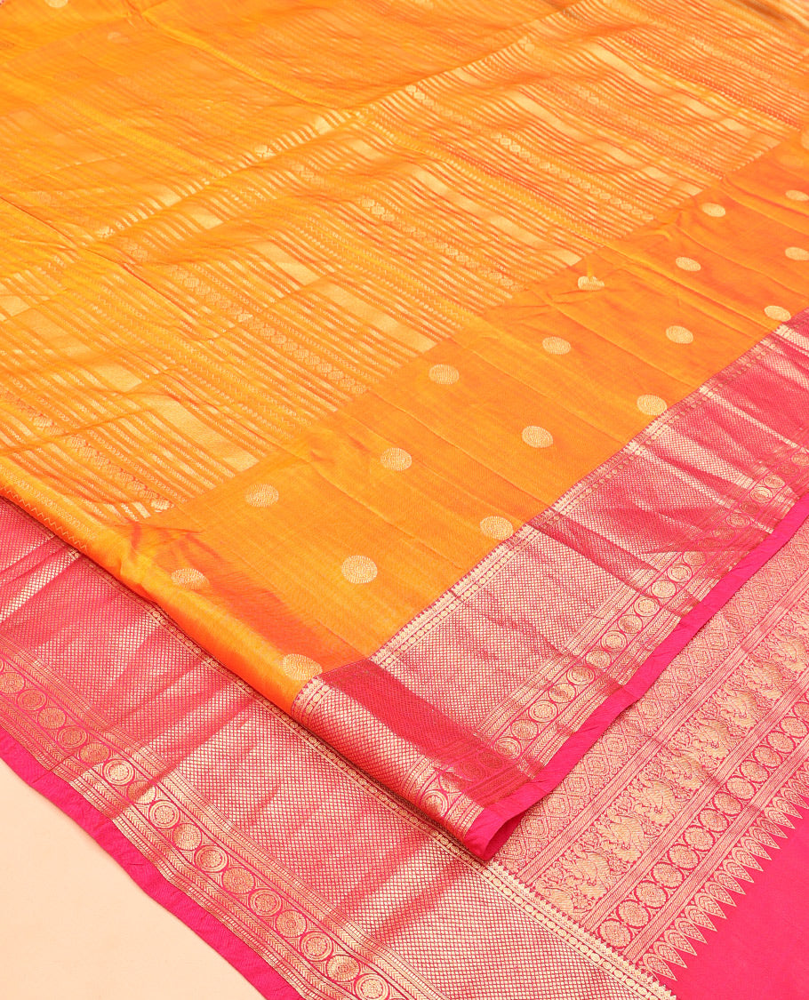 Pink-Orange Zari Design Vasundhara Lite Silk Mix Saree, Contrast Traditional Border, Contrast Blouse