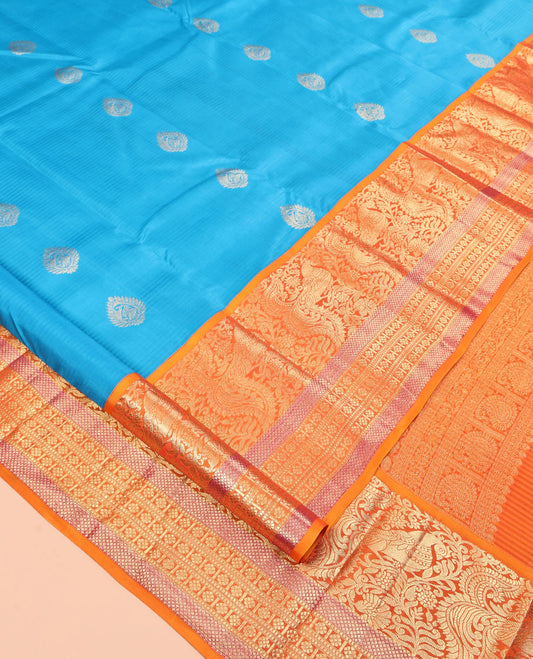 Blue Vasundhara Silk Saree, Woven with Zari Buttas, Contrast Border of Mayil, Mayil Kann, Muthu, and Kamalam Designs, Grand Pallu, and Contrast Blouse