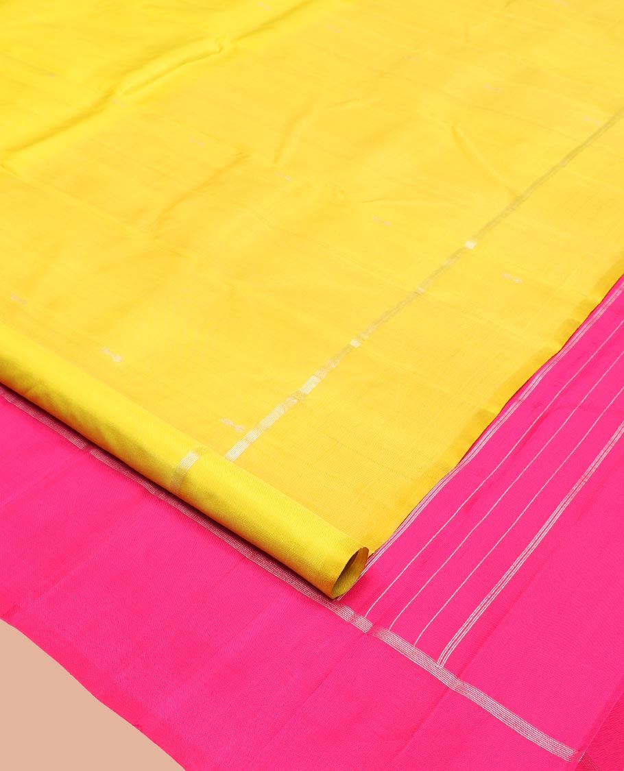 Yellow Kanchipuram Silk Saree, Sparsely Threaded with Zari Buttas, Highlighted by Zari Design Border, Contrast Zari Design Pallu, and a Contrast Blouse