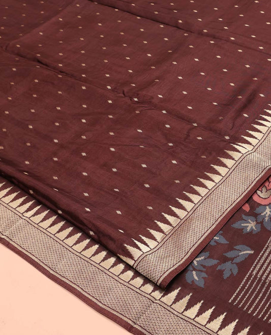 Coffee Brown HO-Silk Saree, Spotlighted with Diamond Buttas All Over Its Body, Highlighted by Temple Border, Complemented by Pallu Depicting Floral and Crane Motifs, Paired with a Matching Blouse