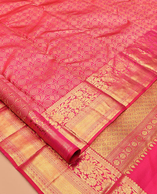 Pink Kanchipuram Wedding Silk Saree, Bedecked with Mayil-Chakram Jacquard Design, Zari Border of Kodi Visiry Designs, Grandly Decked Up Pallu, and a Matching Blouse