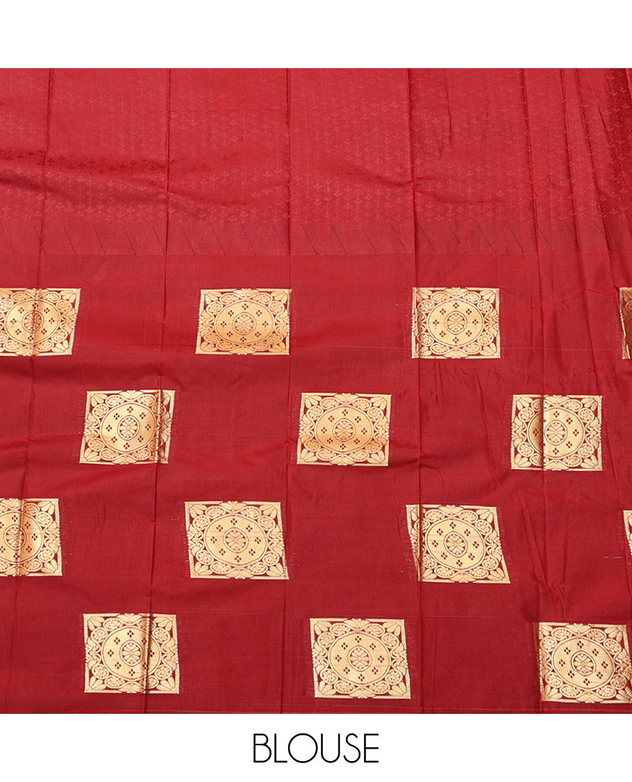 Borderless Red-Green Budget Silk Saree Features Embossed and Zari Buttas, Complemented by a Contrast Intricate Pallu, and a Contrast Blouse