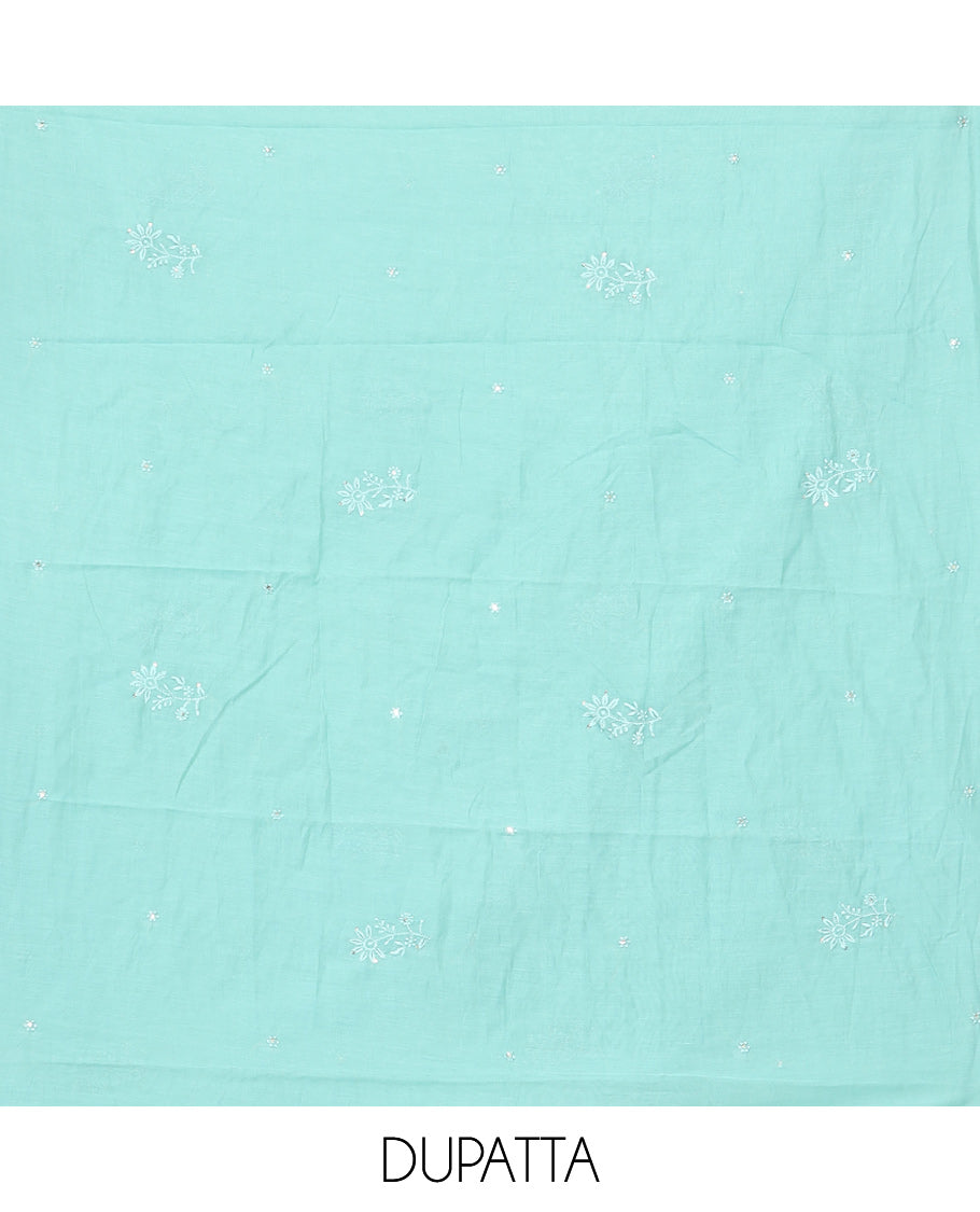 Cream-Sea Green Mul Chanderi Material Churidar Features Thread-Sequins Embroidered Top, a Contrast Bottom, Scallop Embroidered Dupatta