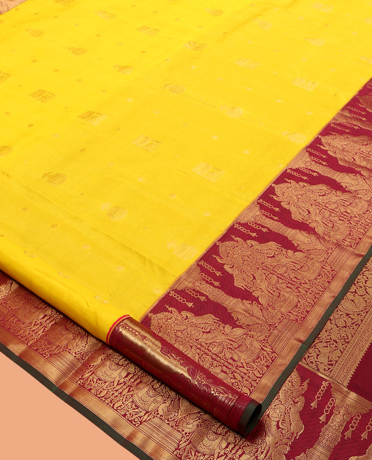 Yellow Vasundhara Lite Silk Mix Saree, Sparsely Woven with Zari Buttas, Contrast Border of Divine and Mythological Animal Characters, Grand Pallu, and a Contrast Blouse