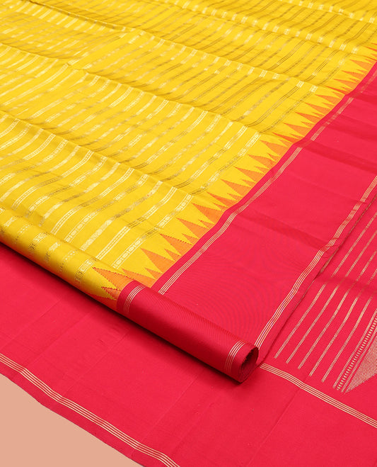 Yellow Kanchipuram Designer Silk Saree, Embellished with Geometric Designs, Complemented by Contrast Temple Bodi Border, Zari Design Pallu, and a Contrast Blouse