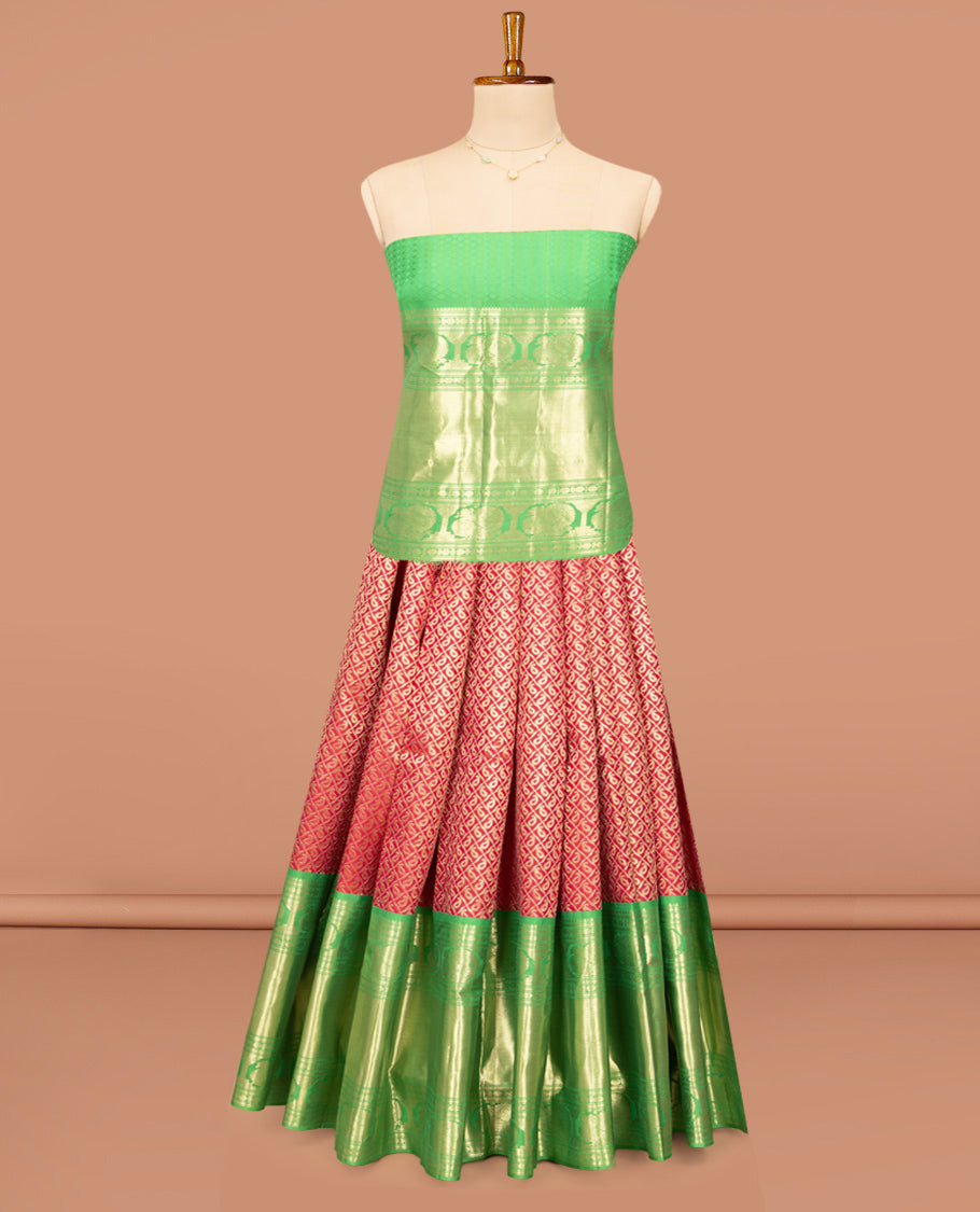 Red Pure Silk Half-Saree, Boldly Accentuated with Jacquard Design on Its Skirt, Complemented by a Contrast Border of Rekku, Banaras, Muthu, Rudaksham, and Mayil Designs, Comes with a Contrast Blouse and a Dhavani of Jaal Designs