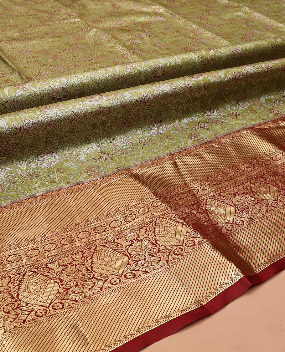Green Art Silk Half-Saree, Finely Crafted with Jacquard Design, Contrast Traditional Zari Border, Paired with a Contrast Jacquard Blouse, and an Intricate Dhavani