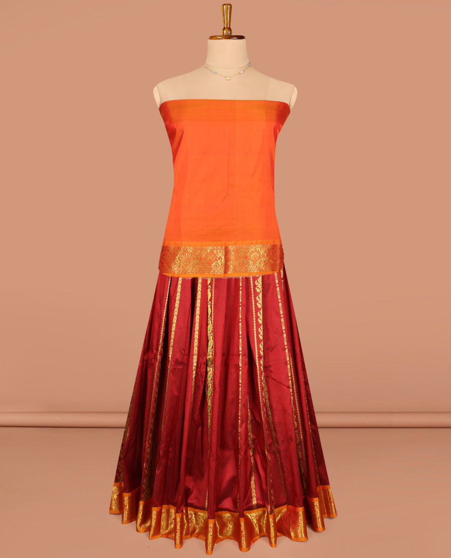 Red Pure Silk Half-Saree, Bedecked with Zari Designs on Its Body, Complemented by a Contrast Floral Zari Design Border, Complemented by a Contrast Blouse, and Paired with a Contrast Dhavani of Jaal Designs