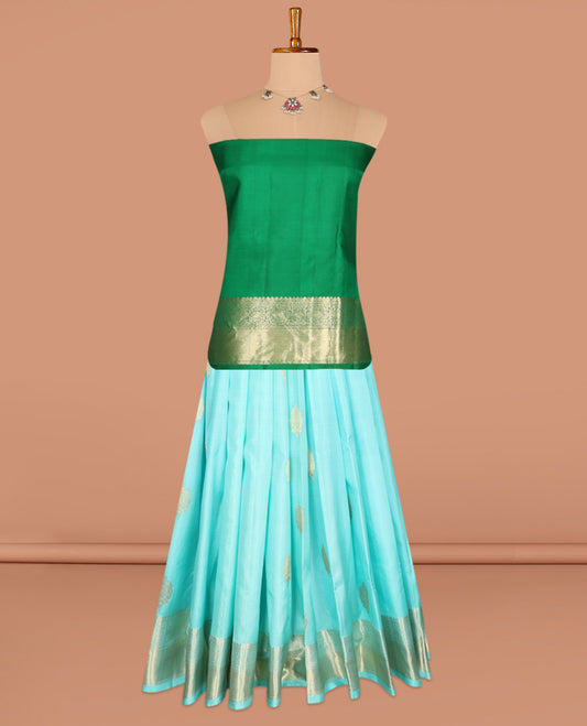 Blue Pure Silk Pavadai Material, Dazzled with Zari Buttas on Its Skirt, a Traditional Zari Border, and a Contrast Blouse