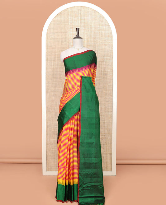 Multi-Color Micro-Checked Gadwal Saree Features a Captivating Contrast Temple Border, Sparsely Striped Pallu, and a Contrast Plain Blouse