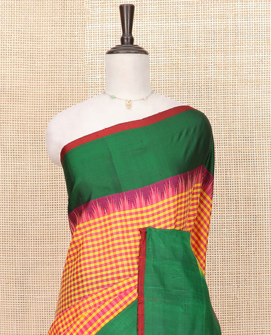 Multi-Color Micro-Checked Gadwal Saree Features a Captivating Contrast Temple Border, Sparsely Striped Pallu, and a Contrast Plain Blouse