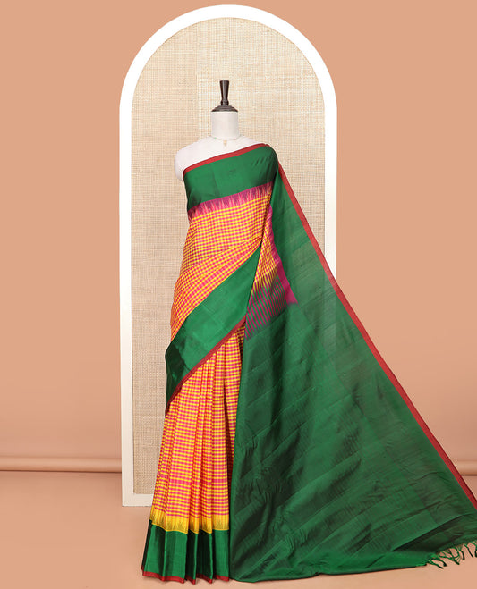 Multi-Color Micro-Checked Gadwal Saree Features a Captivating Contrast Temple Border, Sparsely Striped Pallu, and a Contrast Plain Blouse