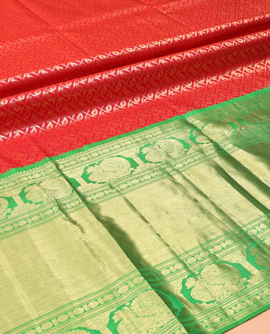 Red Pure Silk Half-Saree, Boldly Accentuated with Jacquard Design on Its Skirt, Complemented by a Contrast Border of Rekku, Banaras, Muthu, Rudaksham, and Mayil Designs, Comes with a Contrast Blouse and a Dhavani of Jaal Designs
