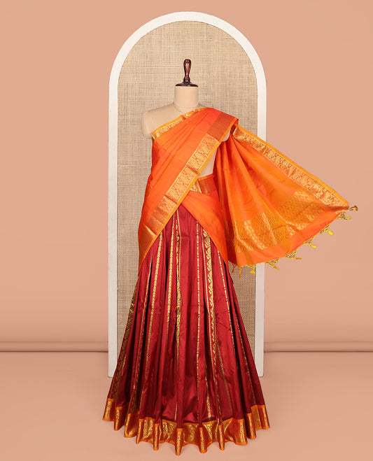Red Pure Silk Half-Saree, Bedecked with Zari Designs on Its Body, Complemented by a Contrast Floral Zari Design Border, Complemented by a Contrast Blouse, and Paired with a Contrast Dhavani of Jaal Designs