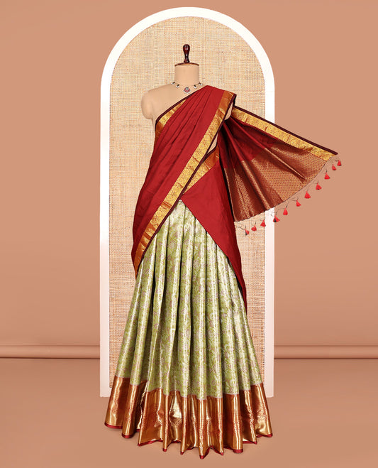 Green Art Silk Half-Saree, Finely Crafted with Jacquard Design, Contrast Traditional Zari Border, Paired with a Contrast Jacquard Blouse, and an Intricate Dhavani