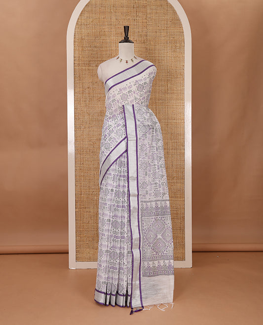 White with violet vareli pattern printed design linen with silver zari bawanchi border  & printed pallu with tussels