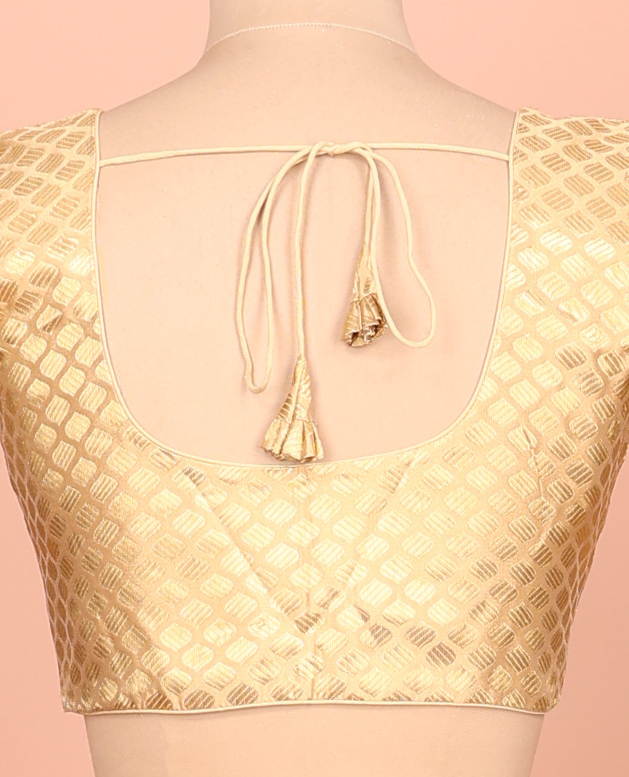 Gold ogee patterned front-back round neck elbow-sleeve readymade blouse