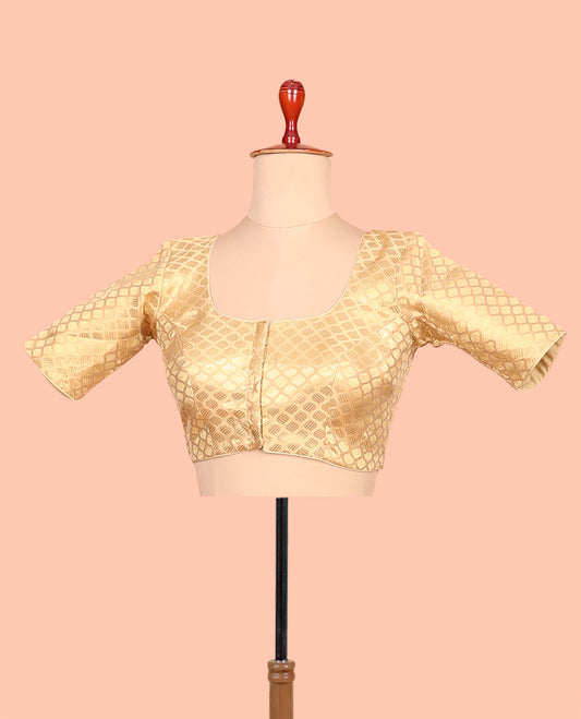 Gold ogee patterned front-back round neck elbow-sleeve readymade blouse