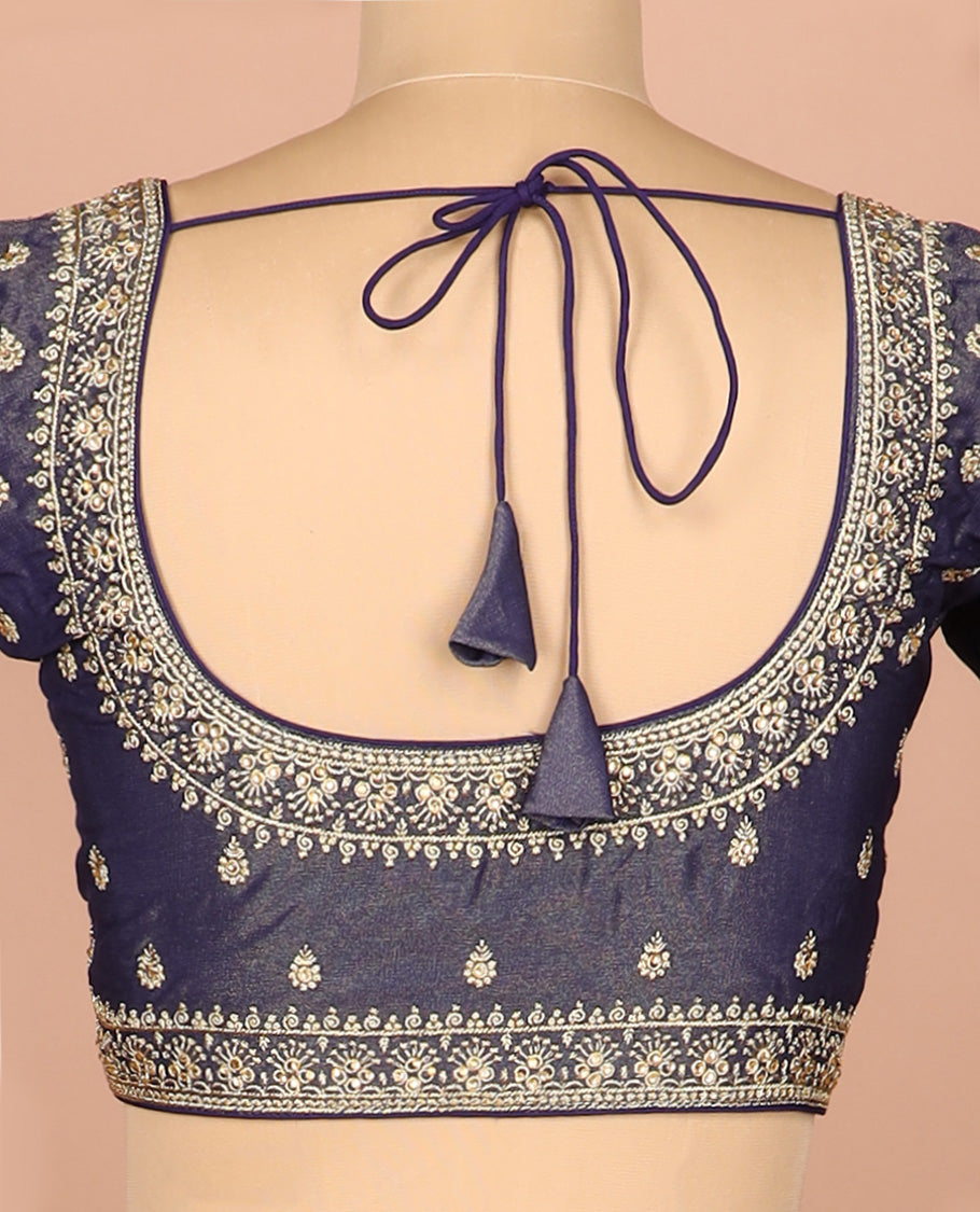 Navy blue thread embroidered front-and-back round elbow-sleeve readymade blouse