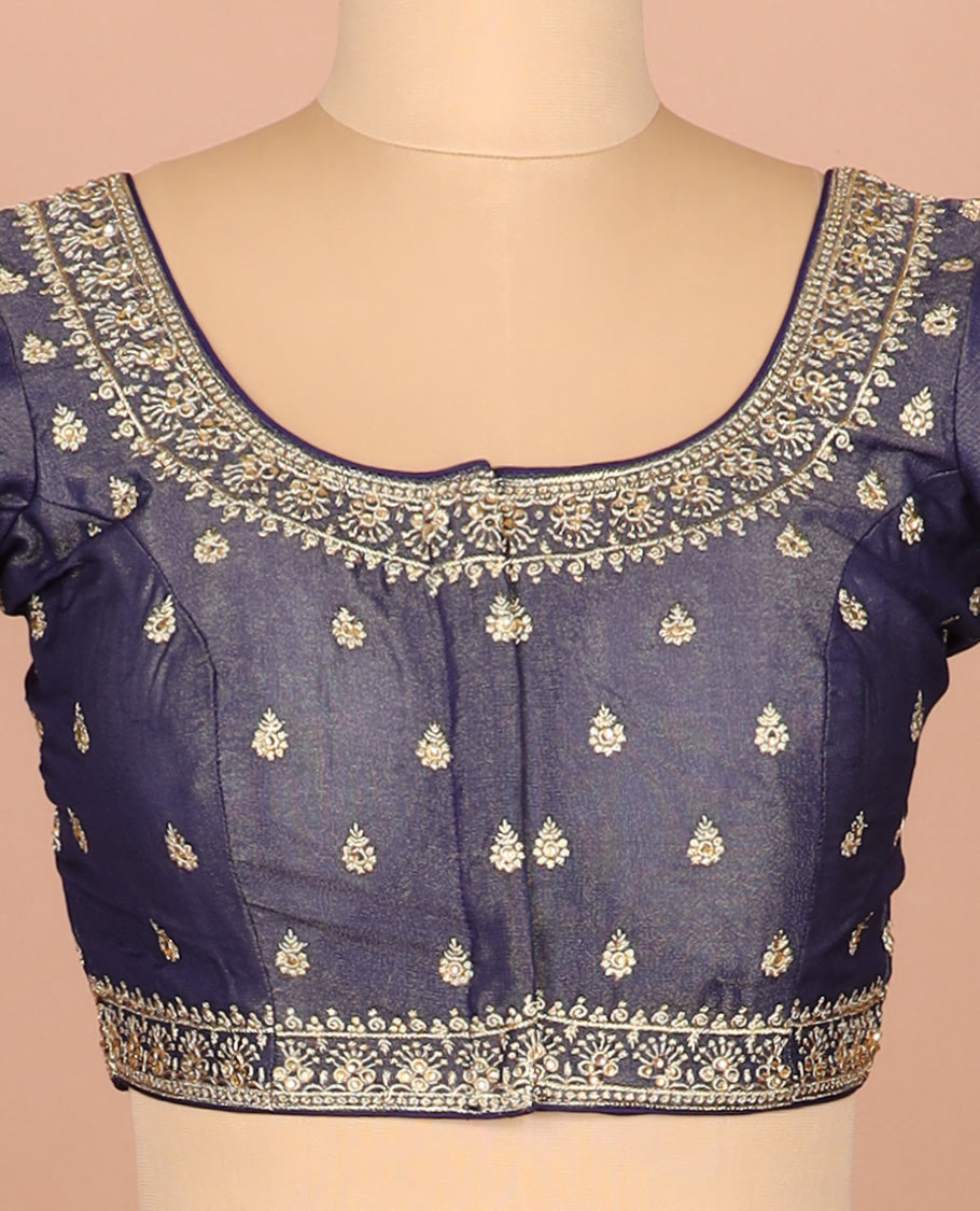 Navy blue thread embroidered front-and-back round elbow-sleeve readymade blouse