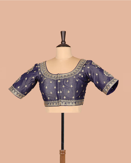 Navy blue thread embroidered front-and-back round elbow-sleeve readymade blouse