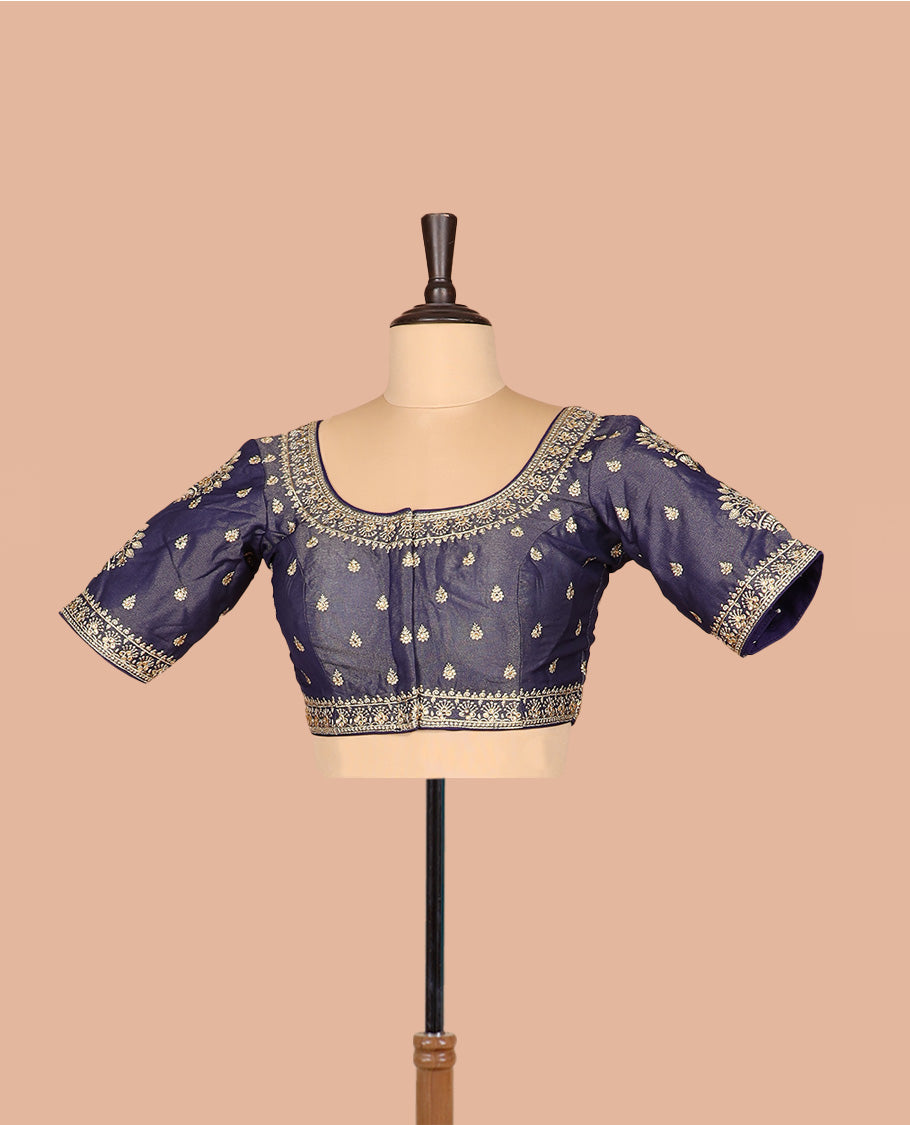 Navy blue thread embroidered front-and-back round elbow-sleeve readymade blouse