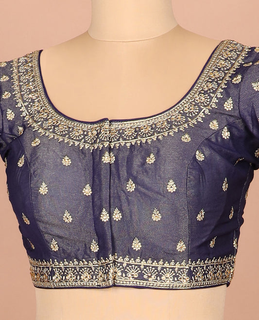 Navy blue thread embroidered front-and-back round elbow-sleeve readymade blouse