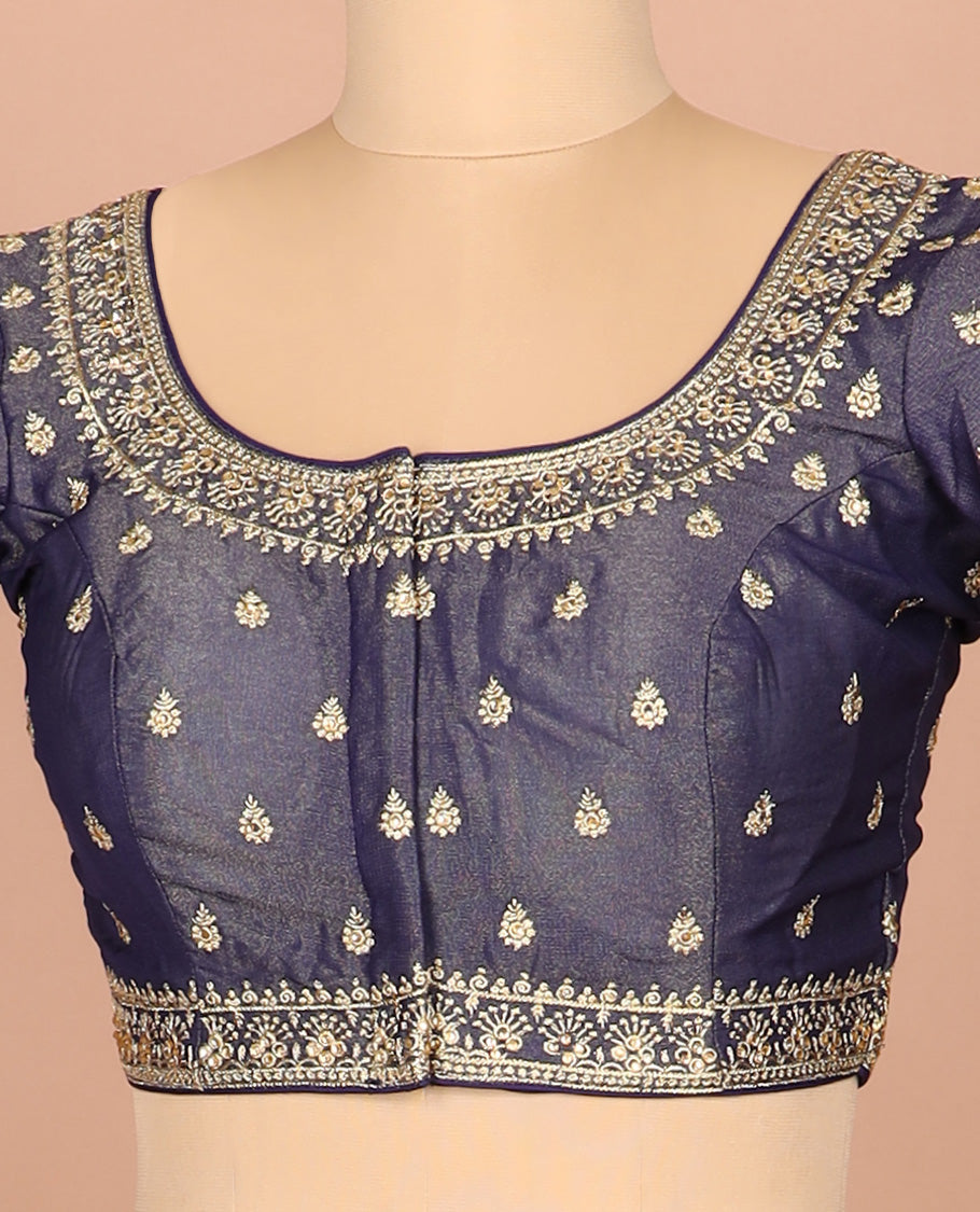 Navy blue thread embroidered front-and-back round elbow-sleeve readymade blouse