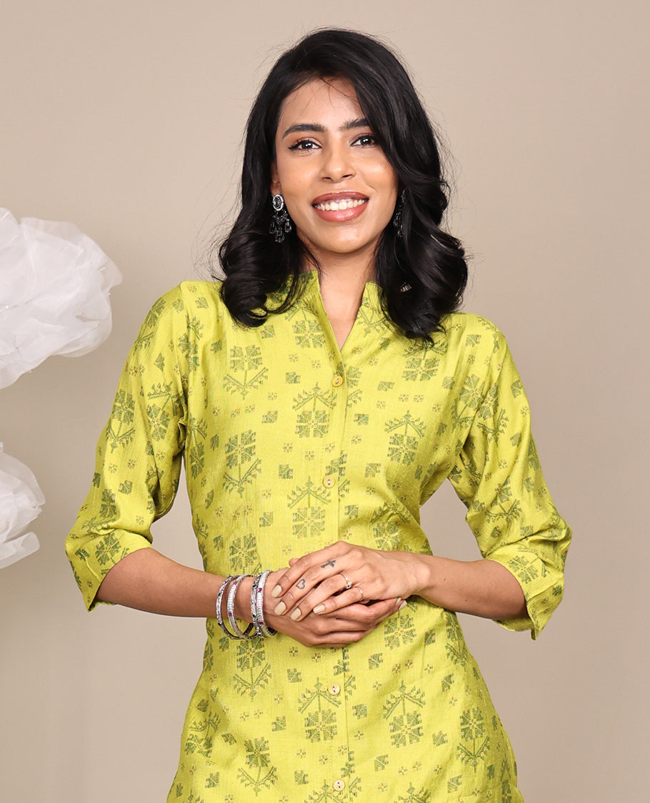 Green Cotton Ready-Made Suit, Featuring Jamdani-Style Prints, a Chinese Collar, 3/4 Sleeves, and Straight-Cut Top, Paired with Polka-Dot-Printed Straight-Cut Pants