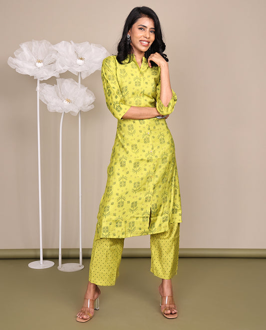 Green Cotton Ready-Made Suit, Featuring Jamdani-Style Prints, a Chinese Collar, 3/4 Sleeves, and Straight-Cut Top, Paired with Polka-Dot-Printed Straight-Cut Pants