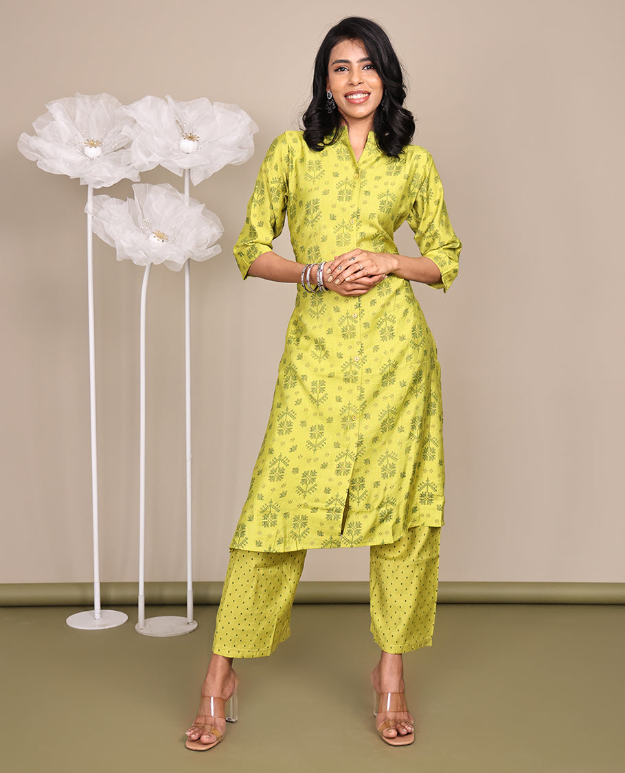 Green Cotton Ready-Made Suit, Featuring Jamdani-Style Prints, a Chinese Collar, 3/4 Sleeves, and Straight-Cut Top, Paired with Polka-Dot-Printed Straight-Cut Pants