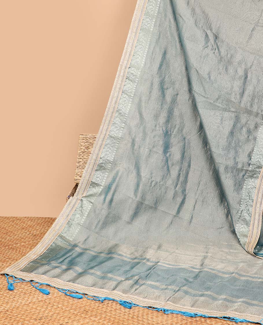 Blue crush tissue saree with self zari, lace border & striped pallu